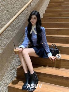 Sweet Korean Style School Uniform Dress Set Early Autumn Womens Clothing High Waist A-Line Skirt Long Sleeve Button Detail