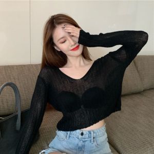 เสื้อครอปไหมพรมริบแขนยาวทรงโอเวอร์ไซส์สำหรับผู้หญิง คอวี ผ้าบางเบา เหมาะสำหรับฤดูใบไม้ผลิและฤดูใบไม้ร่วง สไตล์อินสตาแกรม ใช้ได้หลากหลาย ป้องกันแสงแดด