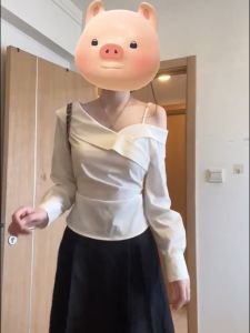 Spicy Girl Retro White Cross Shoulder Long Sleeve Shirt Womens Autumn Pure Desire Wind Pleated Waist Cinching Shirt Top