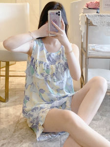 Summer Thin Cotton Silk Anti-Bulge Vest Shorts Womens Sleepwear Home Clothes Korean Style Printable Casual round Neck