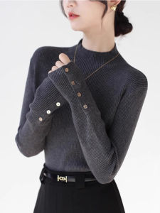 Stylish High-End 2026 New Winter French Design Simple Cuff Button Semi-High Collar Knitwear