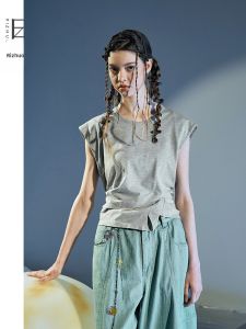 Wide Shoulder Waist-Cinching Unique Sleeveless T-Shirt Grey