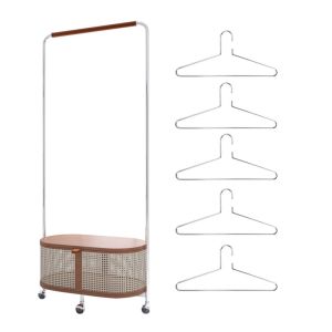Retro Wicker Weave Solid Wood Freestanding Mobile Clothes Hat Rack Vintage Style Storage Solution Adult Oriented Home Furniture