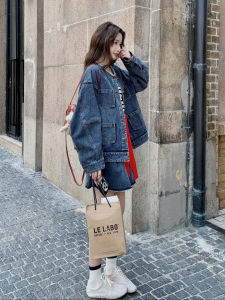 American Retro Cool Girls Denim Set Short Skirt Jacket Two-Piece Suit High Waist Short Skirt Long Sleeve round Neck Jacket