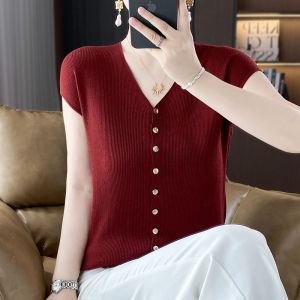 เสื้อคาร์ดิแกนถักคอวีแขนกุดผ้าขนสัตว์เนื้อนุ่มสำหรับฤดูร้อน ทรงสลิมฟิต แขนกระดิ่ง ดีไซน์เก๋ไก๋ สำหรับผู้หญิง