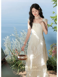 Váy Dài Tay Mùa Hè Pure Flower Bud Của Nga Nga Váy Chữ a Cạp Cao Thanh Lịch Váy Dài Đến Giữa Bắp Chân Cho Nữ