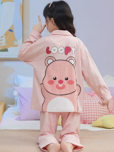 Girls Sleepwear Cartoon Beige Cotton Long Sleeve Thin Collar Home Clothes Set for Spring Autumn Comfortable Breathable Kids Pyjamas