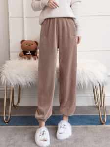 กางเกงนอนขนนิ่มสำหรับใส่ในบ้าน กางเกงขายาวทรงหลวมเอวสูง ผ้าขนแกะหนา สไตล์เกาหลี ปักลาย กางเกงขายาวทรงหลวม