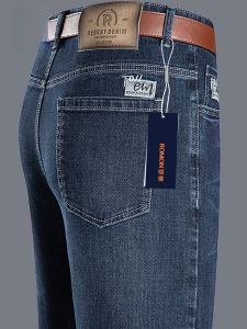 ROMON | Loose Fit Casual Denim Jeans For Men Mid Waist Straight Leg Elastic Midlife Dad Style Long Pants Fashionable Urban Wear