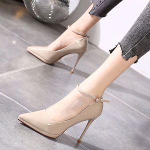 รองเท้าส้นสูงแบบสวมหัวแหลมสำหรับผู้หญิง ทรงหัวมน ด้านหน้าเป็นยาง ด้านในเป็นหนัง PU สไตล์เกาหลี รองเท้าส้นสูงสำหรับใส่ไปทำงาน