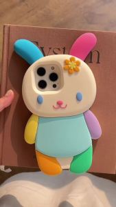 3D Cute Cartoon Colorful Rabbit Soft Silicone Phone Case for iPhone 13 14 15 16 Pro Max Lovely Bunny Shockproof Cover Shell