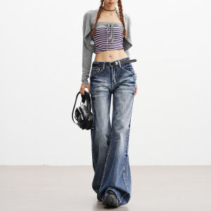 American Retro Low Waist Denim Jeans Womens Loose Drapey Slimming Non-Matching Leggings Pants Fall Season Ladies Jeans