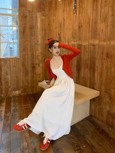 Summer New Style Gentle Wind White Strapless Dress Womens Thin Long Sleeve Two-Piece Set High Waist A-Line Midi Dress