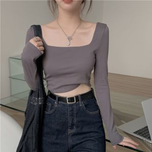 Early Autumn Short Sleeve Square Collar Long Sleeve T-Shirt Womens Slim Fit Base Shirt Inner Wear Commute Style Pure Color