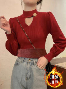 Thickened Fleece Half High Collar Knitted Base Shirt Womens Autumn Winter Christmas Red Sweater plus Size Warm Comfortable Top