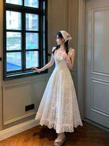 Plus Size French Style Design Crocheted Flower Hollow Dress Female Slightly Oversized Girls Vacation Style Flying Sleeve Open Back Fairy Dress