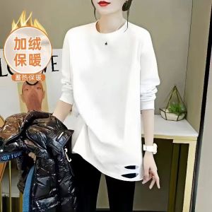 สไตล์เกาหลี หลวม Fit สีขาว ผ้าฝ้าย เสื้อยืดแขนยาว Ripped Hem ผู้หญิง เสื้อท่อนบน ลำลอง ฤดูใบไม้ร่วง สวมใส่สบายชั้นฐาน