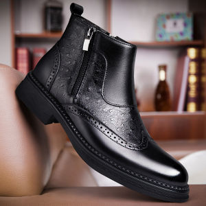 NUDANLAI | Leather Chelsea Boots with Brogue Embossing Winter Warm