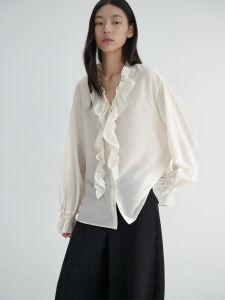 HAVERICE | Áo Blouse Asymmetric Đai Nơ Chất Liệu Cupro Co Nhăn Phong Cách Retro