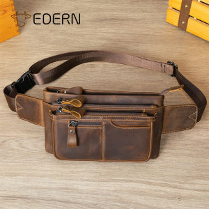 EDERN Retro Crazy Horse Leather Waist Bag for Men Multi-pocket Casual Mens Waist Pack Chest Bag Cowhide Sling Bag Belt Bag Phone Pouch