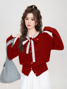 SHANGWEILUO | Áo Cardigan Đỏ Trang Trí Ren và Nơ