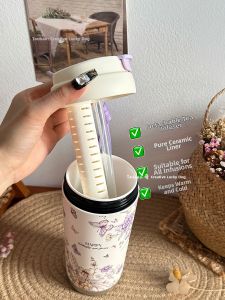 Aesthetic Floral Butterfly Portable Dual Opening Insulated Mug