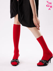 Red Mid-Calf Wedding Socks Womens Cotton Blend Comfortable Breathable YANGMA Brand Fall Winter Long Tube Socks for Women