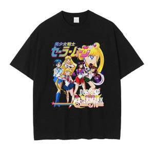 Bandai | New Pretty Girl Warrior T-shirt with Washed and Distressed Print American Retro Mizuno Amei Moon Hare Short Sleeved Loose Fit