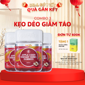 Combo 3 Hộp Kẹo Dẻo Giấm Táo Vitamin B12 Hỗ Trợ Tiêu Hóa Hỗ Trợ Tăng Cường Miễn Dịch Apple Cider Vinegar Gummy Coolvita (60 viên x 3g)/hộp