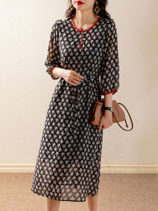 Elegant Vintage Print Dress Womens Loose Fitting round Neck mid Length A-Line Skirt Polyester Fiber High Waist Autumn New Arrival