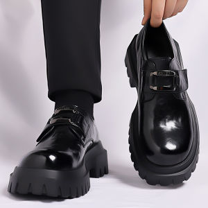 Mens Fashionable Breathable Thick Bottom Heightening Slip-On Derby Shoes Business Casual Trendy Flat Heel round Toe Leather