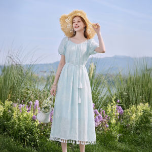 XIANGYING | Blue Embroidered Flounce-Waisted Summer Dress