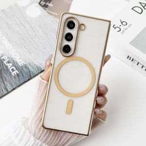 KISSCASE Luxury Plating HD Clear Folding Phone Case For Samsung Galaxy Z Fold 6 5 4 3 5G Magsafe Wireless Charging Transparent Hard PC Anti-fall Shockproof Back Cover For Galaxy Z Fold 6 5 4 3