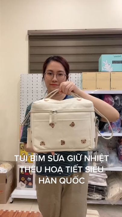 Túi xách đựng bỉm sữa giữ nhiệt bình sữa cho mẹ và bé thêu hình kiểu Hàn Quốc nhiều ngăn đa năng siêu tiện lợi
