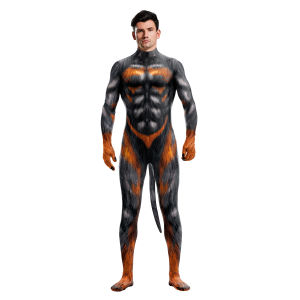 Cosplay Animal Wolf Print Couple Costume with Tail Crotch Zipper Halloween Party Cosplay Outfit Disguise Zentai Bodysuit Catsuit