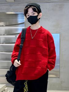 Red Knitted Sweater for Boys Autumn Winter New Year Clothes Lucky Year Trendy Childrens Casual Fashion Warm Long Sleeve round Neck