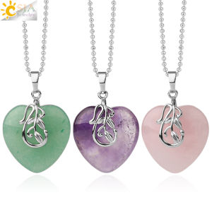 CSJA Natural Stone Heart Pendant Necklace Healing Pink Quartz Purple Crystal Tiger Eye Necklaces Jewelry for Women Girls G412