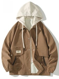 ROMON | Lormen Mens Short Jacket Fake Two-Piece Spring Autumn New Fashion Loose Casual Workwear Hooded Windproof Youth Nylon Fiber