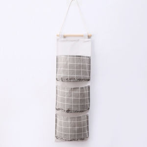 Plaid Cotton Linen Hanging Storage Bag 3 Pocket Door Organizer Wall Mount Pouch for Bedroom Bathroom Storage Holder