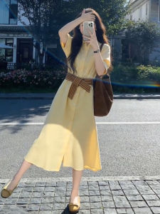 SENWA | Elegant Slim French Yellow Short Sleeve Dress
