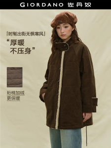 Giordano Designer Corduroy Patchwork Lamb Fur Stand Collar Mid-Length Cotton Jacket Womens 18375217 Vintage Style Long Sleeve Coat