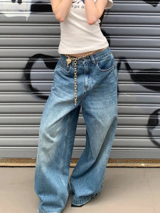 Plus Size American High Street Washed Blue Denim Female 2024 New Arrival Baggy Straight Trousers Retro Mop Wide Leg Pants