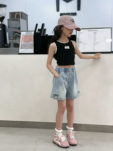 130-160cm ยีนส์เด็กผู้หญิง กางเกงขาสั้น การออกแบบโบว์ เวอร์ชั่นเกาหลี สําหรับเด็กผู้หญิง แฟชั่น 【COD】