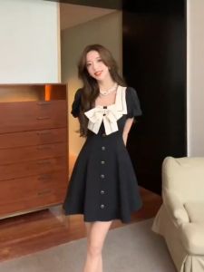 French R Hepburn Style Square Collar Bow Dress Womens Summer plus Size Elegant Long Skirt