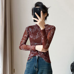 REHIN European Style Womens Autumn&Winter Fashion High-Neck Mesh Long Sleeve Printed T-Shirt