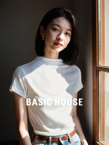 Basic House Ladies Slim Fit Short Sleeve T-Shirt Half High Collar Casual Commute Style Inner Wear Top for Women