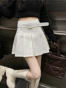 Pink Miniature Pleated Short Skirt Womens High Waist Shiny Thread Slimming White Semi-Body Skirt Commute Style A-Line Shape