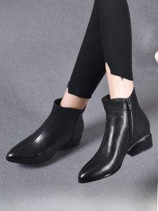 SHIPAILUO | Elegant Fashionable Mini Naked Boot Autumn Winter New Simple Pointed Toe Thick Heel Short Boot Top Layer Cowhide Fashion Boot