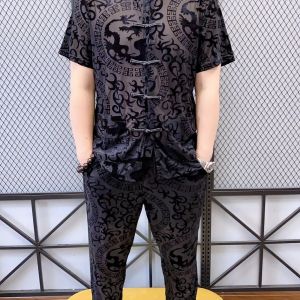 ชุดกีฬาลำลองสำหรับผู้ชาย คอลเลกชั่นฤดูร้อน 2025 ชุดกี่เพ้าสไตล์ย้อนยุคคุณภาพสูง ชุดกี่เพ้าเต็มชุด แขนสั้น 2 ชิ้น