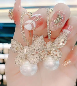 Heavyweight Sparkling Full Zircon Butterfly Knot Pearl Large Earrings Anti-allergy Trendy Fashion Jewelry Accessories